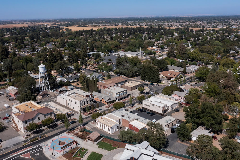 Afternoon aerial view of historic downtown Elk Grove, California, USA.